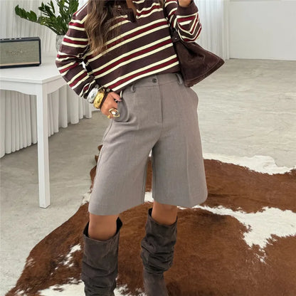 Women High Waist Pleated Bermuda Shorts Knee Length Wide Leg Suit Shorts Zipper Fly Casual Office Trouser Shorts
