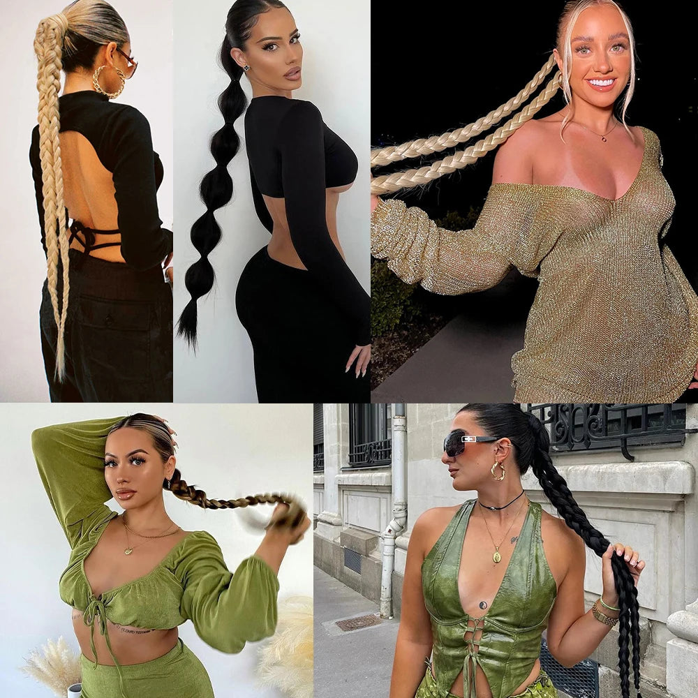 Ponytail Extensions Synthetic Boxing Braids Wrap Around Chignon Tail With Rubber Band Hair Ring 34 "DIY Brown Ombre Braid