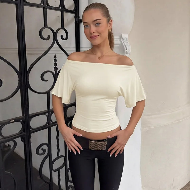 Tie Back Short Sleeve Off Shoulder Tops Casual Loose Tshirt Woman Clothes
