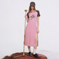 Y2K Sporty Midi Dress with Raglan Sleeve, Slim Fit Slit Dress for Women, Retro Aesthetic Streetwear Graphic Robe