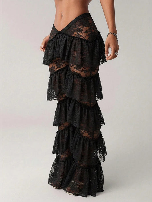 Sexy See Through Long Pants Woman Lace Tierred Decoration Low-Waist Wrap Hip Hot Girls High Street Fashion Bottoms