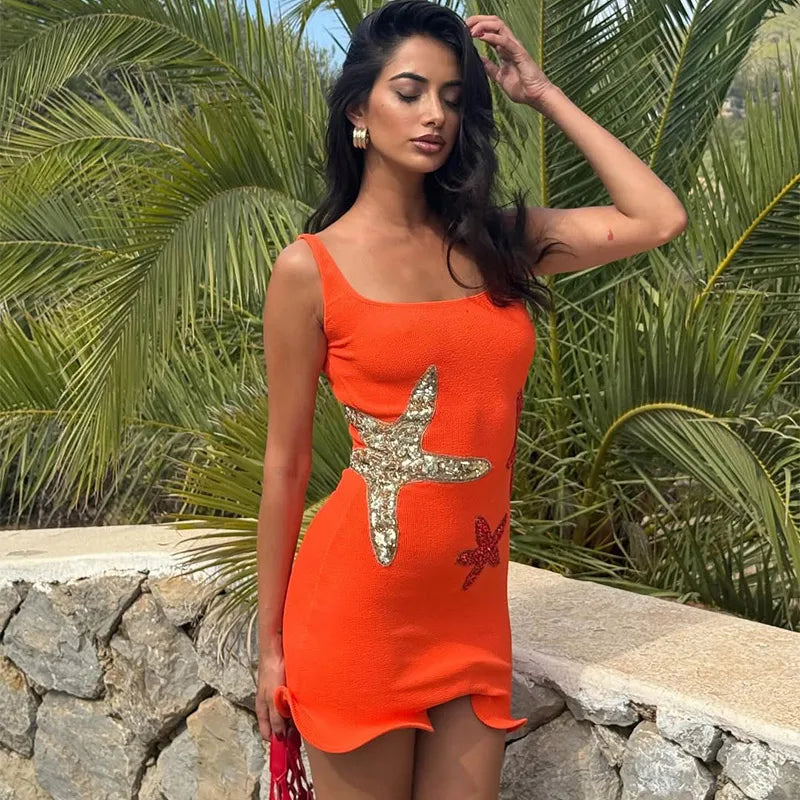 Sparkling Sequined Strap Women's Knit Mini Dress Elegant Shiny Sleeveless Bodycon Holiday Dresses Beach Party Vestido
