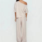 Off Shoulder Striped 2 Piece Outfit Women Loose Short Sleeve Crop Top Drawstring Wide Leg Pants Casual Lounge Pajama Set