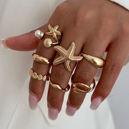 8 Pcs/Set Trendy Bohemia Gold Color Irregular Starfish Opening Rings Vintage Elegant Stackable Finger Rings Femme Jewelry