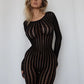 See Through Seamless Striped Jacquard One Piece Long Sleeve Jumpsuit Sexy All Black Outfits for Woman Baddie