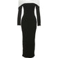 Contrast Patchwork Dress Women Pleats Slash Neck Elegant Full Sleeve Autumn Trend Casual Stretch Classic Long Bodycon