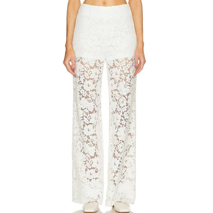 Lace Bell Bottom Pants for Women Sexy See Through Flare Leggings Hollow Out Mesh Sheer Cover Up Trousers