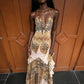 Sexy Fashion Long Dress Woman Leopard Print Lace-Up Halter Backless Sleeveless Shape Waist Ruffles Hem Elegant Vestidos