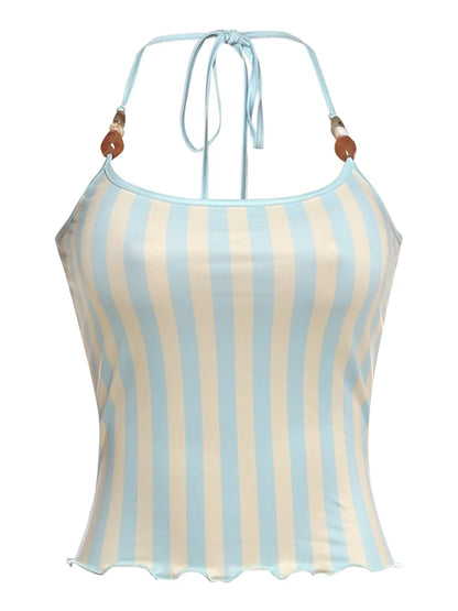 High Street Trend Stripes Tank Tops Women Hottie Backless Bead Halter Bandages Piping Stretch Fashion Simple Club Vest