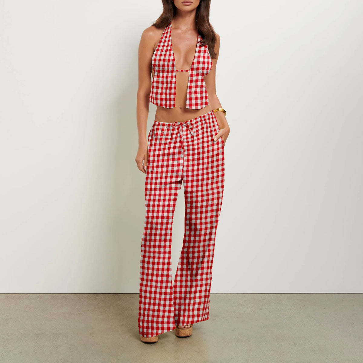 Women Summer Pants Outfits Stripe Tie-Up Halter Neck Backless Sleeveless Tank Tops Wide-Leg Pants 2 Pieces Clothes Set