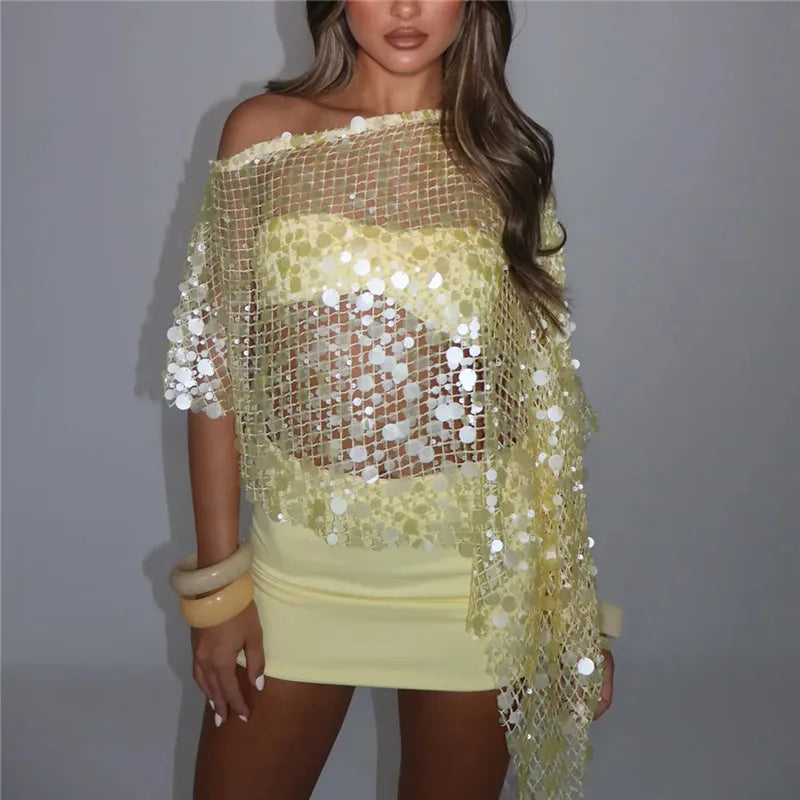 Women Sparkly Sequin Mesh Cape Cover Up Irregular Hem Sheer Fishnet Poncho Shawl For Party Rave Festival Tops