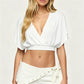 Women Solid Color V Neck Wrap Front Crop Top Batwing Sleeve Ruched Blouse Casual Summer Short Sleeve Fashion Shirts