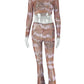 Fashion Print Sexy See Through 2 Piece Set Women o-Neck Full Sleeve Crop Tops+Straight Flared Pants Hottie Streetwear