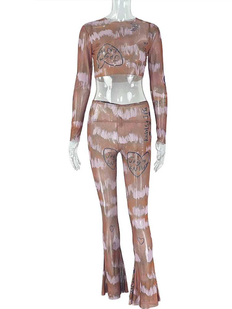 Fashion Print Sexy See Through 2 Piece Set Women o-Neck Full Sleeve Crop Tops+Straight Flared Pants Hottie Streetwear