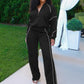 Sporty 2-Piece Set Women Zip Polo-Neck Drawstring Crop Tops+Stripe Pants Matching Simple Casual Tracksuit Streetwear