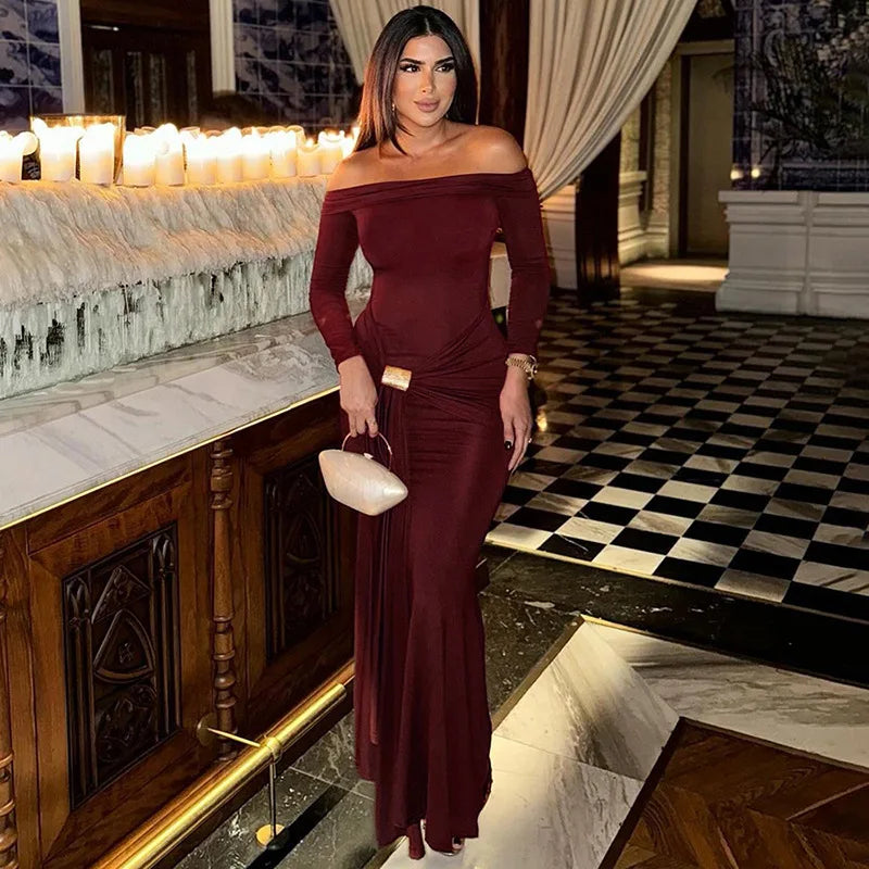 Off-shoulder Long Sleeve Sexy Maxi Dress For Women Fashion Strapless Backless Draped Bodycon Club Party Long Dress