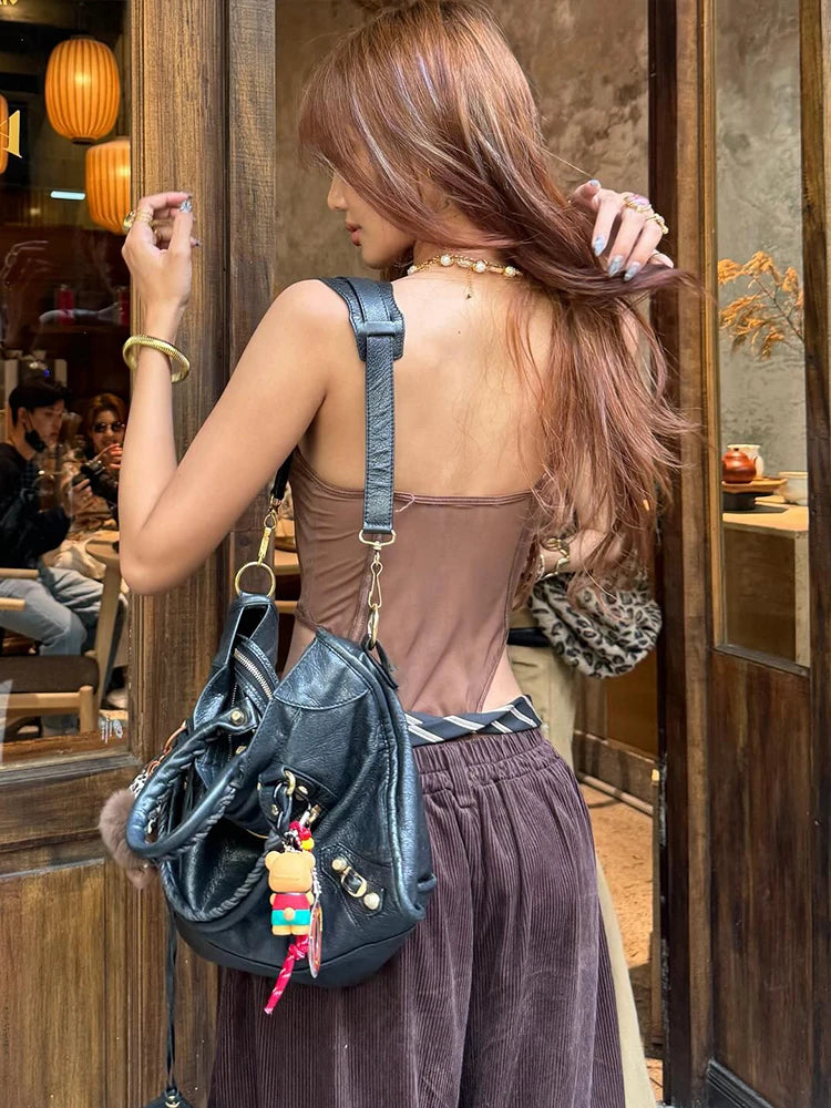 Sexy See Through Bodysuit Women Bow Sleeveless Low Neck Backless Midnight Street Clubwear Stretch Skinny Trend Vest