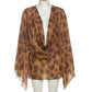 Leopard Print Mesh Sheer Beach Dress Sexy Outfits for Woman Cowl Neck Long Sleeve Mini Dresses