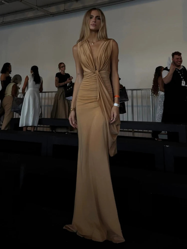 Ribbon Decoration Long Dresses Woman Ruched Elegant Deep V-Neck Sleeveless Backless Street Solid Basic Classic Vestidos