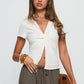 Women Short Sleeve Shirts Office Ladies Solid Color Split Twist Front Collared Blouses Summer Casual Tops Streetwear