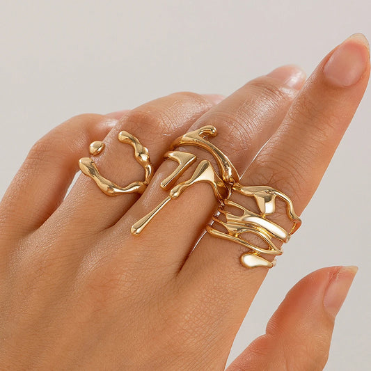4Pcs/Set Vintage Irregular Lava Open Ring for Women Men Goth Gold Color Adjustable Couple Rings Y2K Wed Jewelry Gift