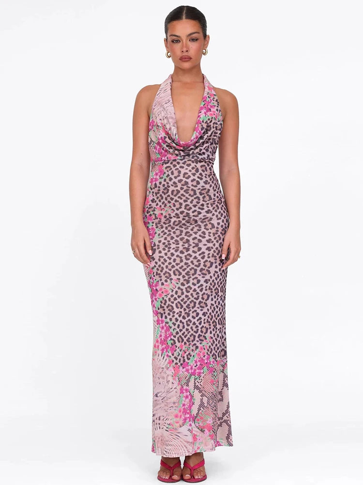 Leopard Print Dress Women Backless Lace-Up Halter Patchwork Swing Collar Sleeveless Midnight Clubwear Party Vestidos