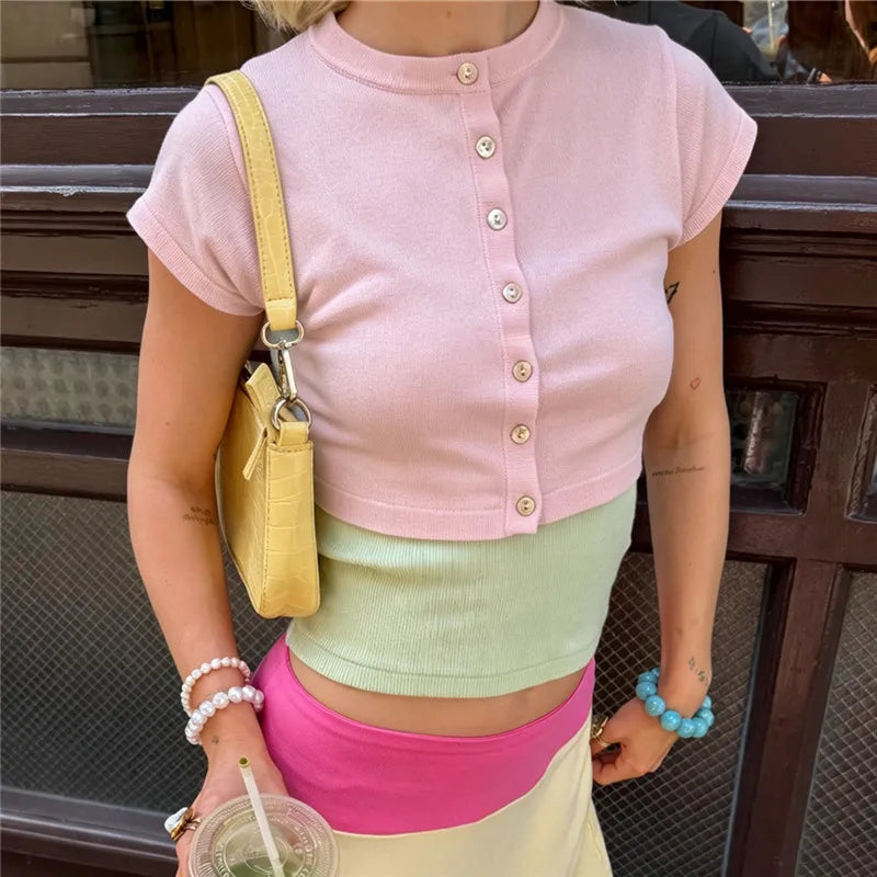 Women Cropped Knit Cardigan Short Sleeve Button Down Round Neck Slim Fit Lightweight Summer Knitwear Daily Wear Cardigan