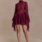 Mesh See Through Ruffle Sexy Mini Dress Women Elegant Turtleneck Long Sleeve Tiered Frills Club Party Dresses Female