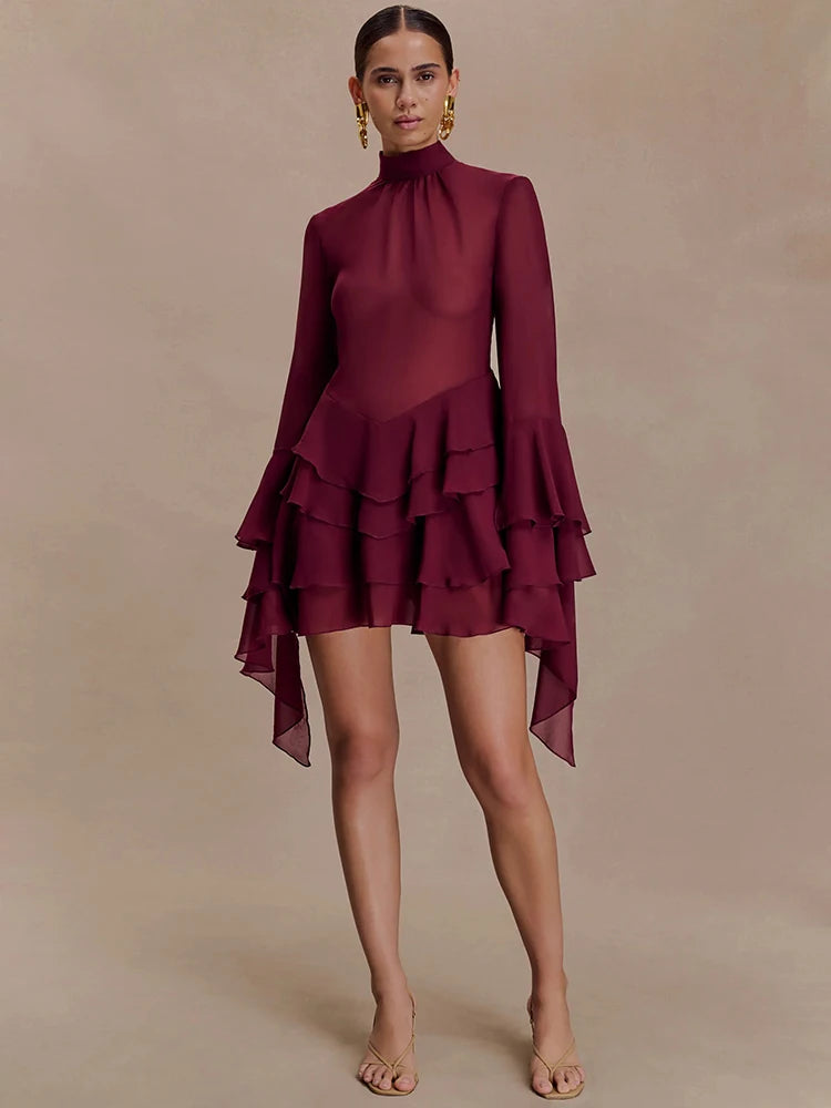 Mesh See Through Ruffle Sexy Mini Dress Women Elegant Turtleneck Long Sleeve Tiered Frills Club Party Dresses Female