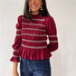 Women Smocked Ruffle Hem Blouses Pleated Patchwork Long Lantern Sleeve Ruched Shirts Y2k Vintage Going Out Babydoll Tops