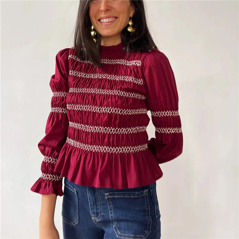 Women Smocked Ruffle Hem Blouses Pleated Patchwork Long Lantern Sleeve Ruched Shirts Y2k Vintage Going Out Babydoll Tops