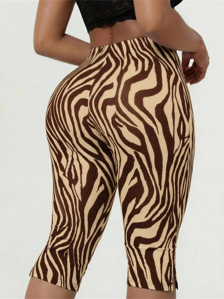 Tiger Stripes Print Elastic Waist Short Women Skinny Side Slit Skinny Simple Classic Fashion Summer Daily Streetwear