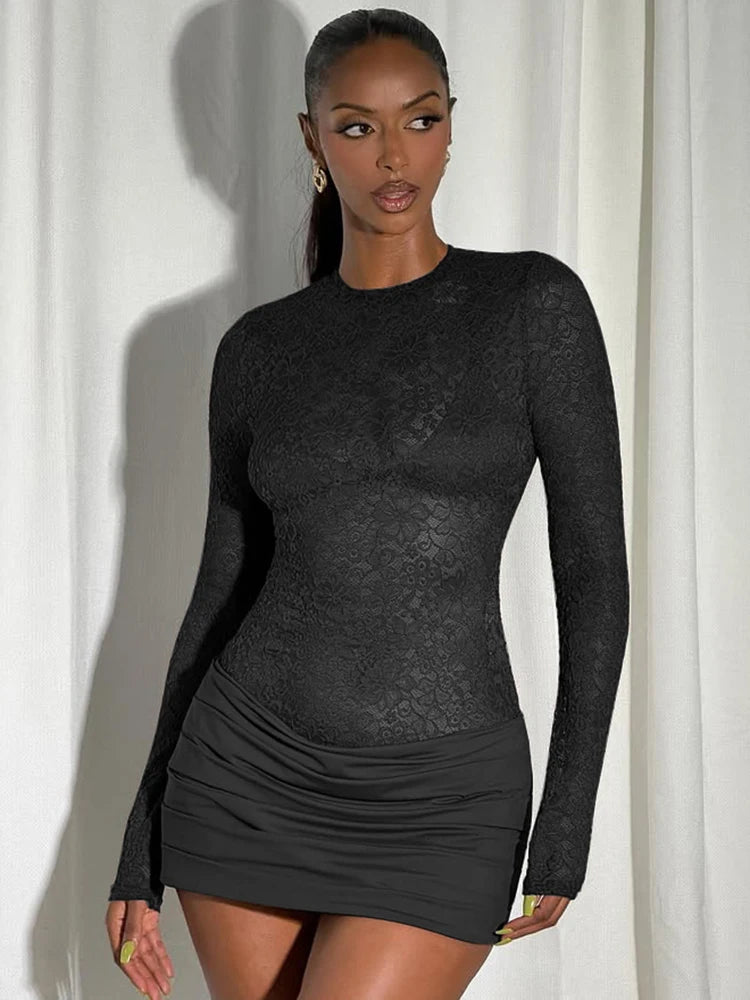 Lace See Through Ruched Sexy Mini Dress Women Elegant Fashion Sheer O Neck High Waist Long Sleeve Club Party Dresses