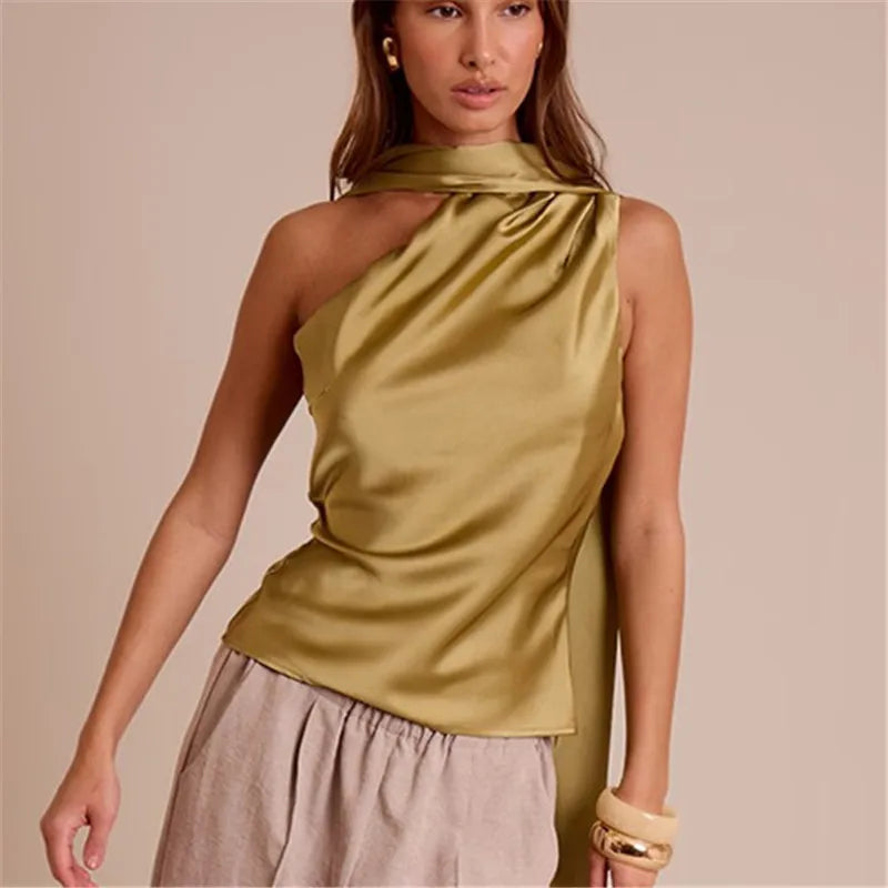 Summer Satin Tank Top Fashion Solid Backless Sleeveless with Scarf Ribbon Tanks High-Street Party Vacation Women's Top