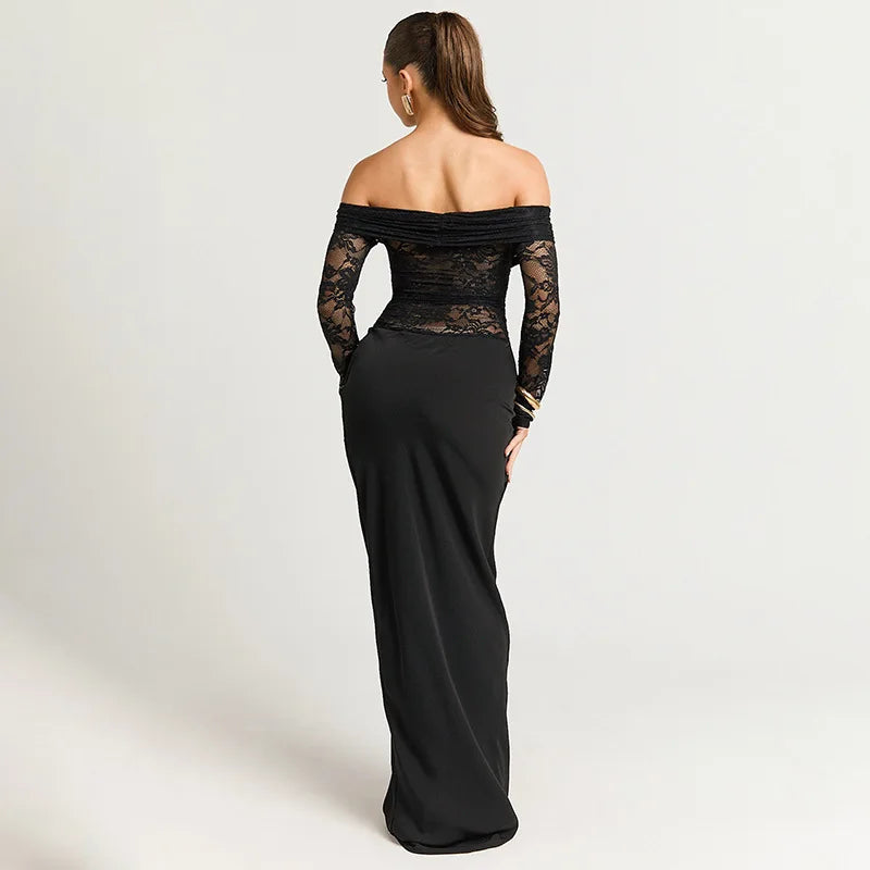 Lace Hollow Splicing Black Sexy Party Dresses Woman 2025 Fall Winter Off Shoulder Long Sleeve Maxi Dress