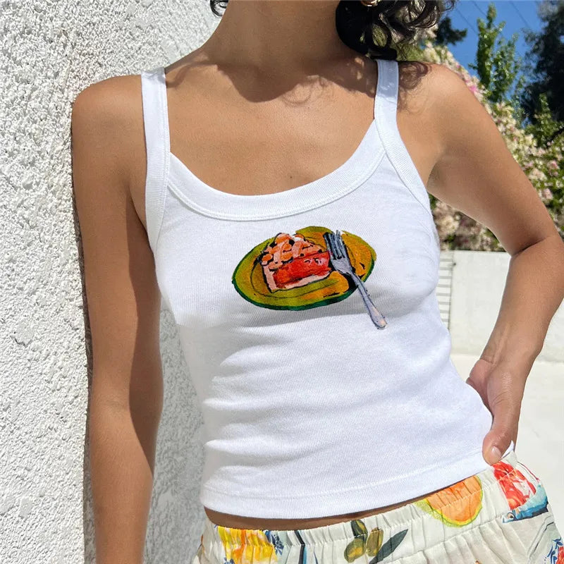 Women's Y2k Cute Print Tank Top Vintage Aesthetic Slim Fit Sleeveless Crop Top 90s E Girls Summer Going Out Mini Top