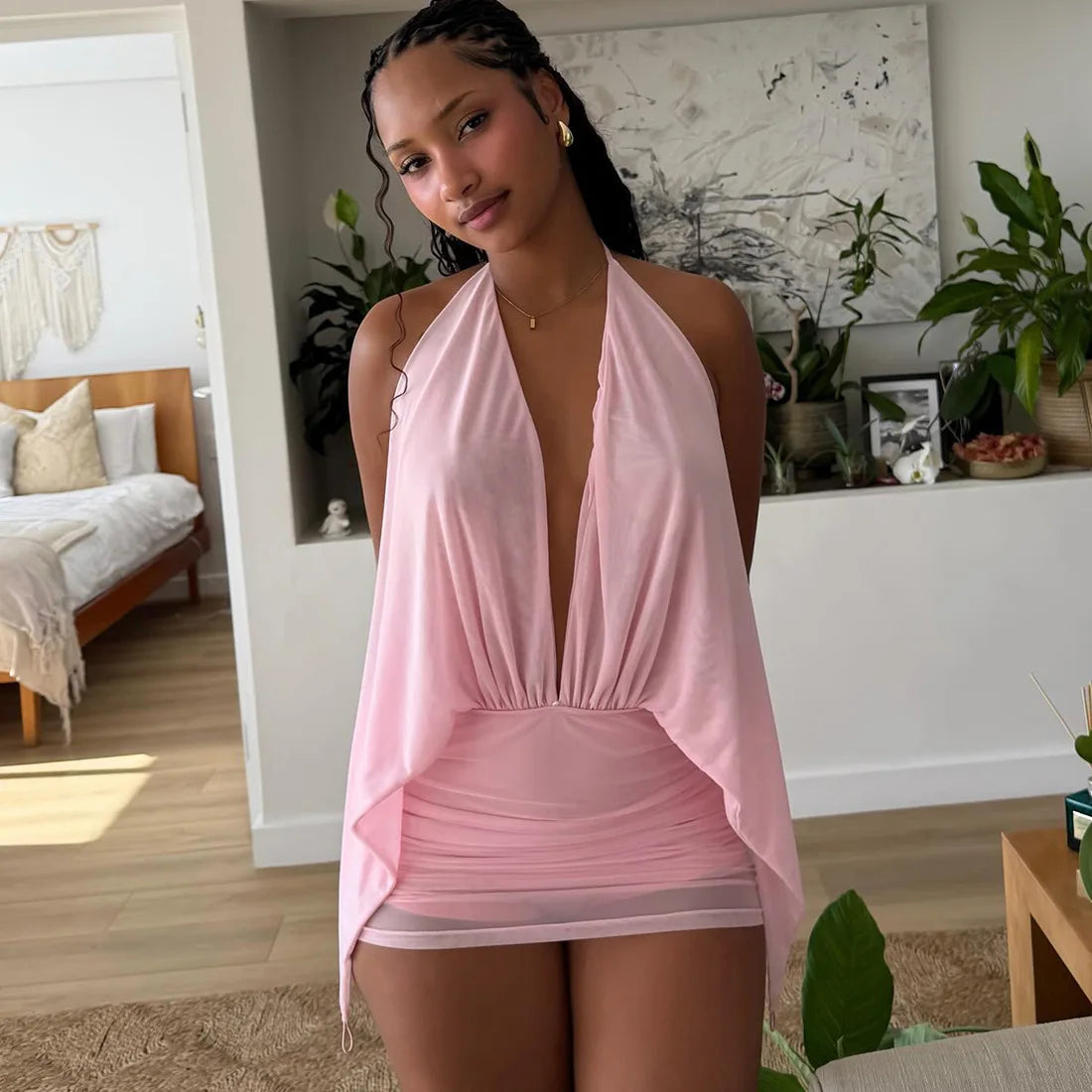 Women's Sexy Halter Neck Backless Mini Dress Solid Color Deep V Mesh Ruched Bodycon Dress Summer Beach Party Clubwear
