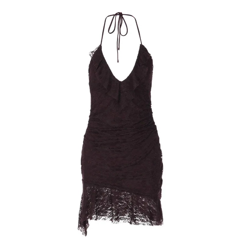Lace Halter Ruffle Mini Dress Sexy Vacation Outfits Going Out Dresses for Woman Summer Clothes 2026