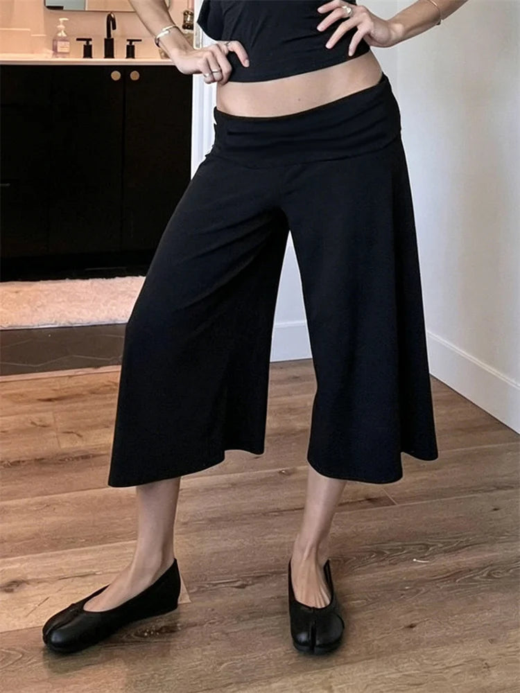 Casual Comfortable Crop Pants Woman Summer Trend Ruched Elastic Low-Waist Daily Simple Basic Fashion Style Classic Bottoms