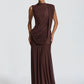 Women High Neck Sleeveless Maxi Dress Side Back Cutout Draped Knot Ruched Mermaid Evening Wedding Guest Formal Dress