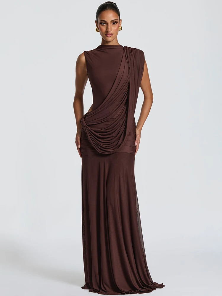Women High Neck Sleeveless Maxi Dress Side Back Cutout Draped Knot Ruched Mermaid Evening Wedding Guest Formal Dress