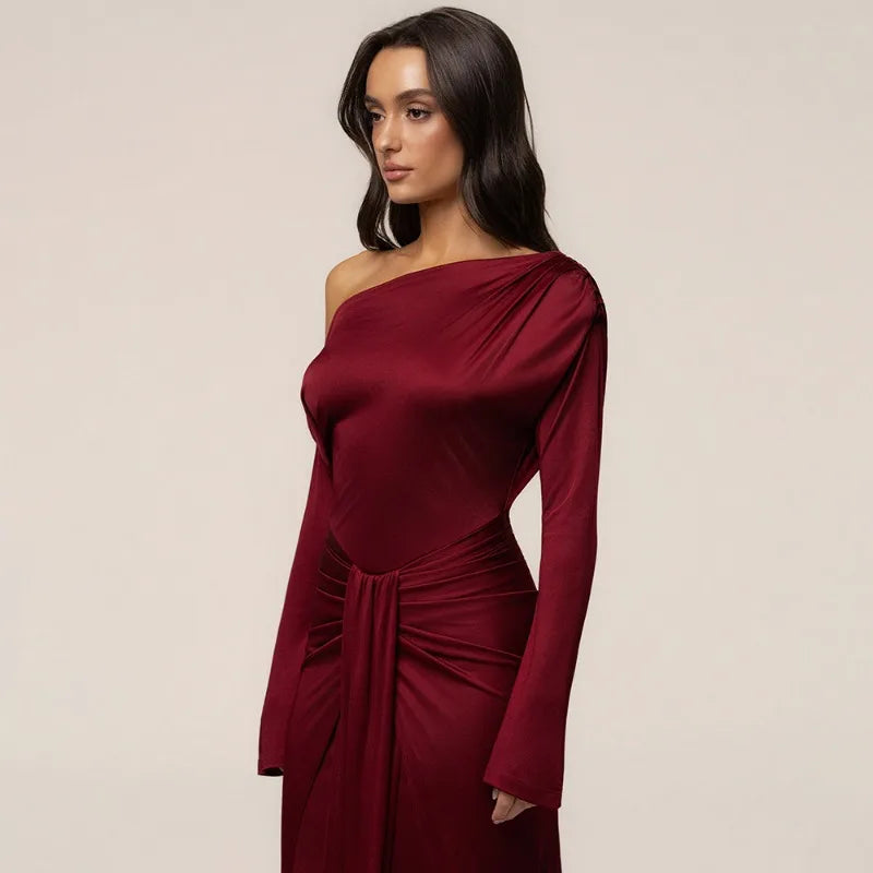 One Shoulder Draped Front Long Sleeve Maxi Dress Burgundy Evening Party Dresses Woman Elegant Fall 2026