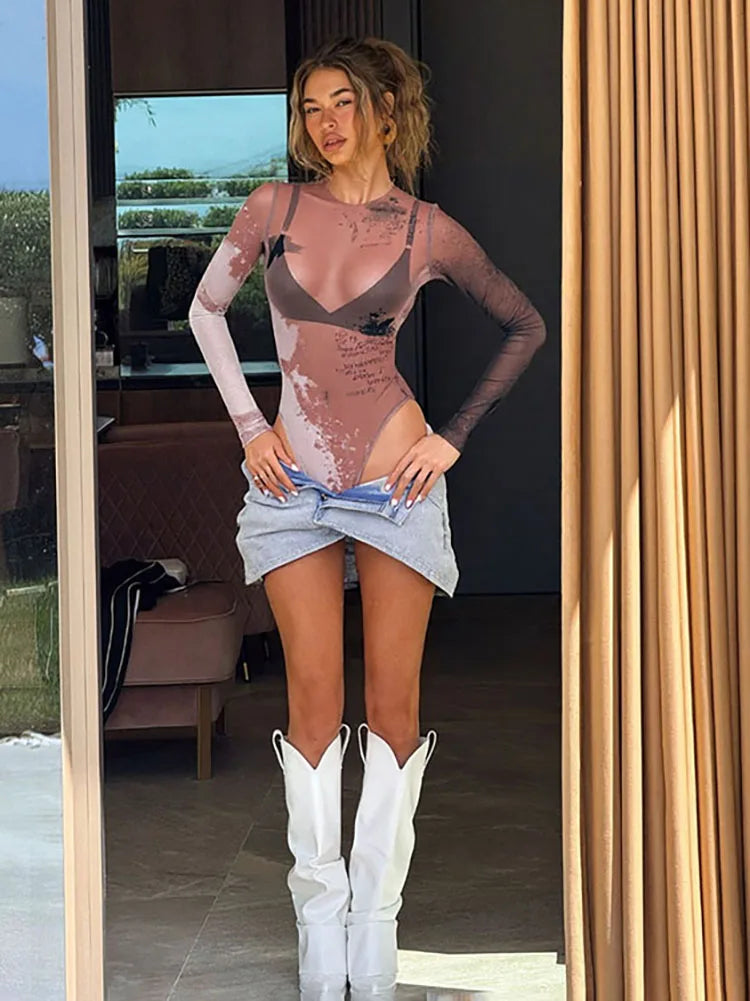 See Through Bodysuits Long Sleeves Gradient Print o-Neck High Elasticity Mesh Sexy Midnight Autumn Fashion Street Outfits