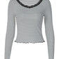 Black-and-white Striped Knit T Shirts Woman Casual Lace Trim V Neck Long Sleeve Top Fall 2026