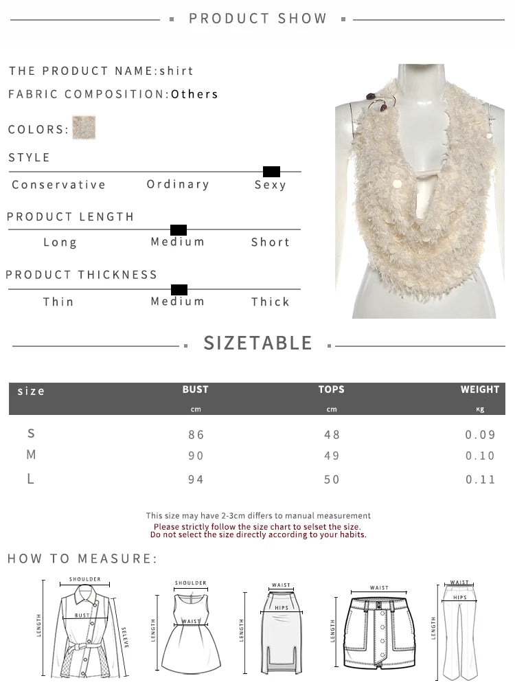 Furry Tassel Decoration Tank Tops Woman Sequin Patchwork Halter Swing Collar Backless Summer Street Fashion Vests