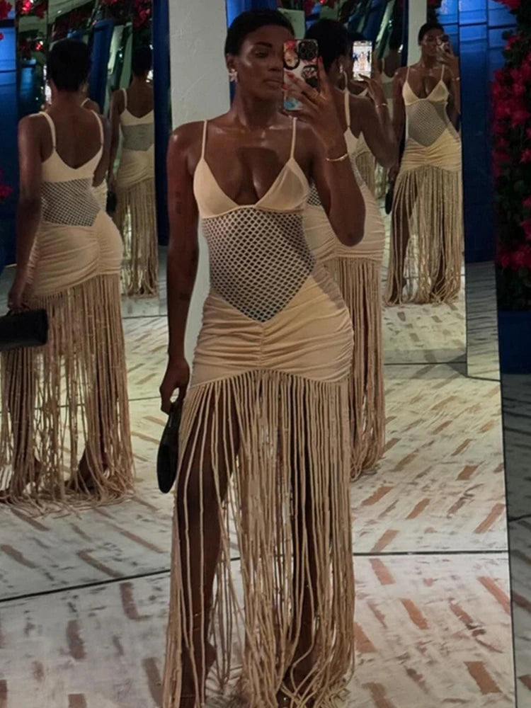 Sexy Fashion Hollow Maxi Dress Women Low-Neck Backless Sleeveless Taseel Ruched Skinny Peach Hip Prom Party Vestidos