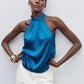 Elegant Satin Halter Neck Tank Tops Women's Sleeveless Solid Color T Shirt Basic Crop Tops Fashion Summer Party Clubwear