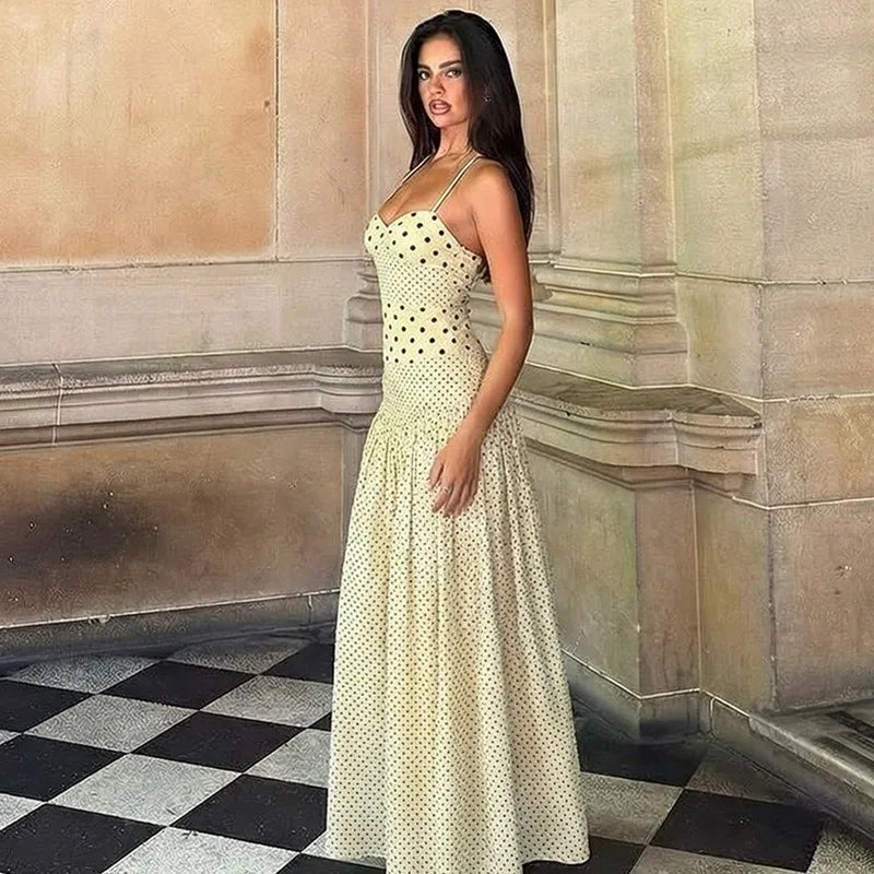 Polka Dot Print Halter Backless Pleated Long Dresses for Woman Summer White Dress Elegant Vacation Outfits