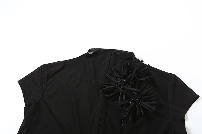 Sexy Mesh Sheer Black Shirts & Blouses 3d Flower Appliques Turtleneck Short Sleeve Crop Tops Cardigan