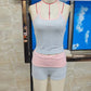 Women 2 Piece Loungewear Set Gray Pink Contrast Trim Halter Neck Crop Top And Foldover Waist Mini Shorts Y2K Streetwear